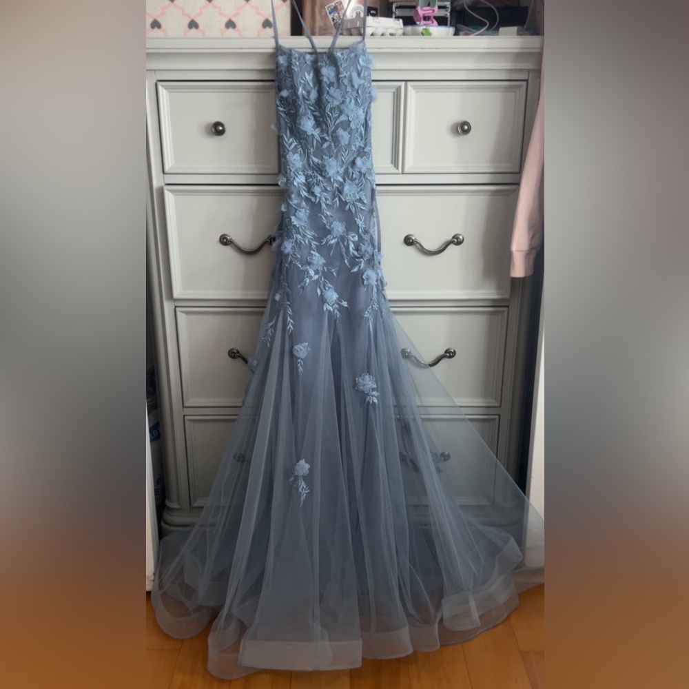 JJs House Blue Floral Appliqué Tulle Prom Dress